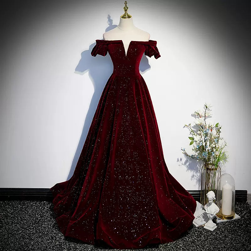 Off The Shoulder Velvet Red Prom Dresses Sexy Evening Dress HZ1023
