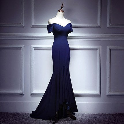 Mermaid Navy Blue Satin Prom Dresses HZ1023