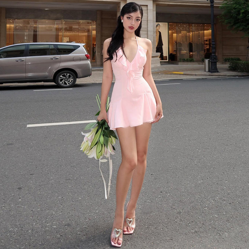 Pink A Line V Neck Ruffles Chiffon Short Homecoming Dress Outfits HZ1023
