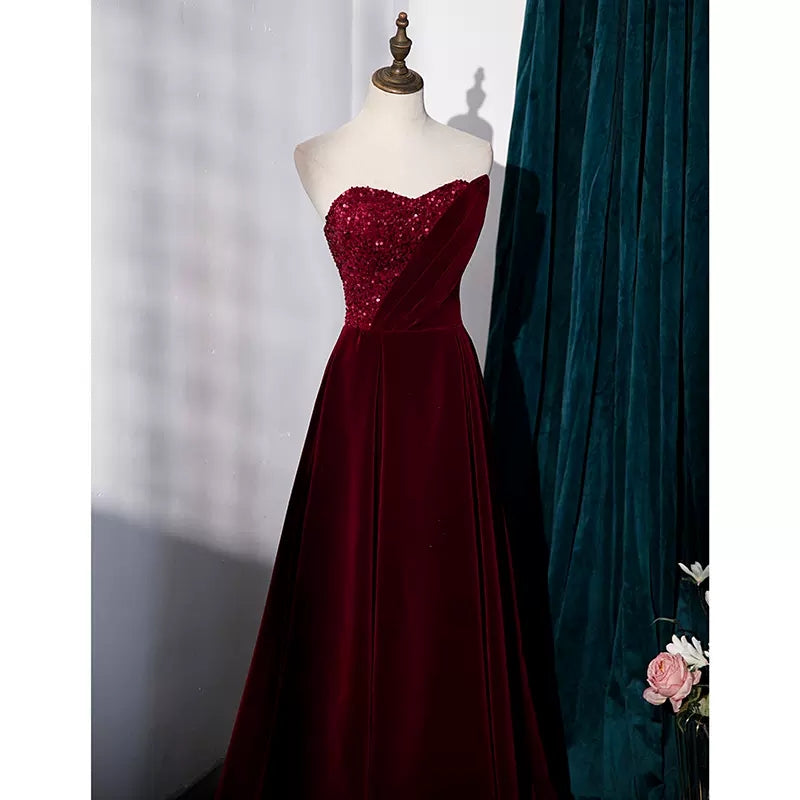 Simple A line Velvet Red Long Prom Dresses HZ1023