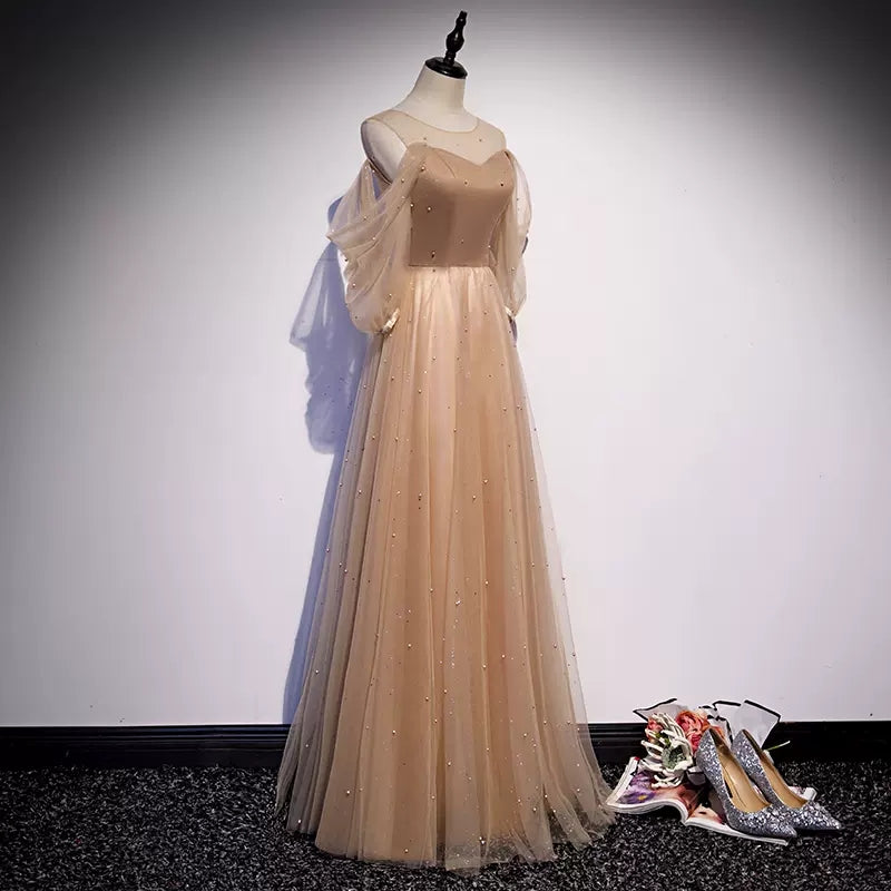 A line Tulle Long Sleeves Prom Dresses HZ1023