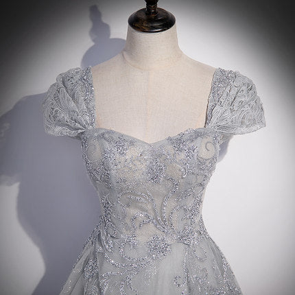 A Line Silver Gray Tulle Prom Dresses Long Prom Dress HZ1023