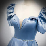 Simple A line Satin Light Sky Blue Long Prom Dresses HZ1023