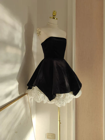 Cute A Line Strapless Velvet Black Holiday Dress Travel Vacation Dresses Short Birthday Dress HZ1023