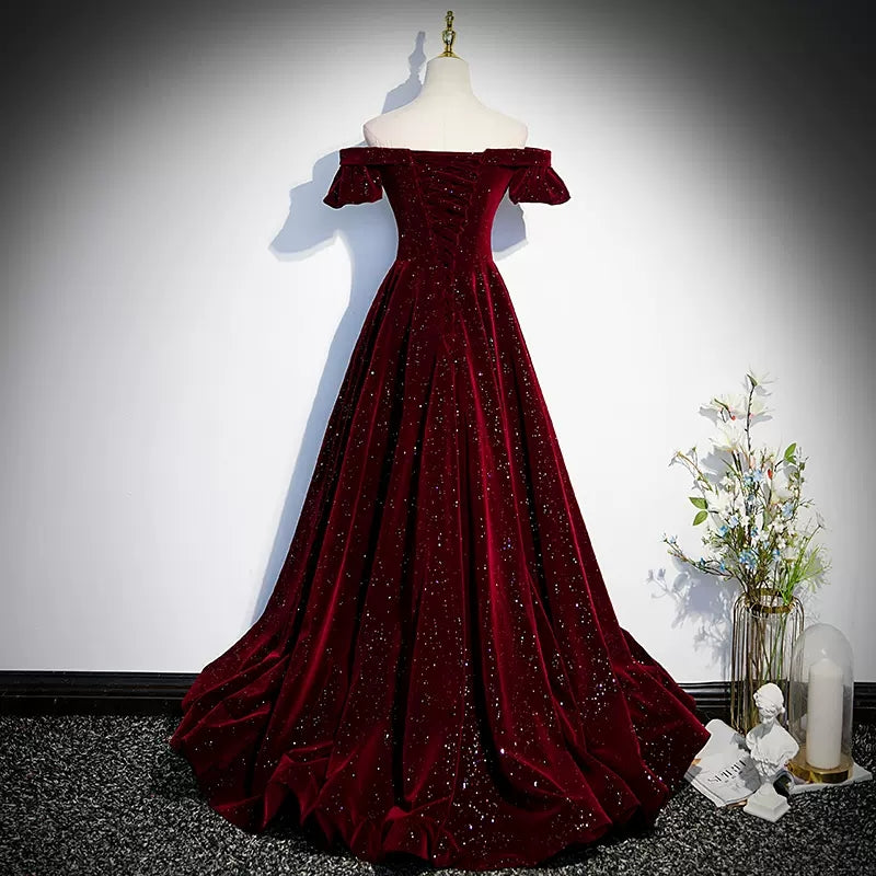 Off The Shoulder Velvet Red Prom Dresses Sexy Evening Dress HZ1023