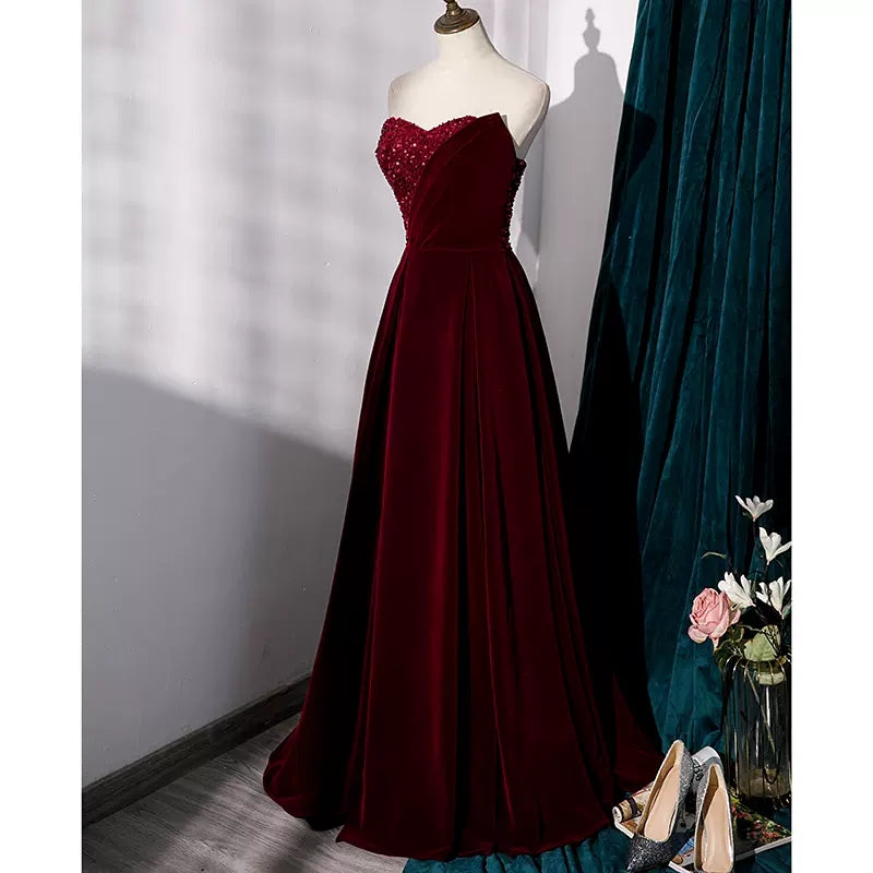 Simple A line Velvet Red Long Prom Dresses HZ1023