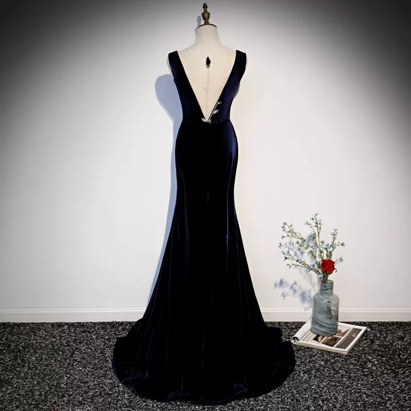 Mermaid V neckline Sleeveless Navy Blue Prom Dresses HZ1023