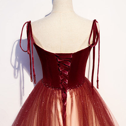 A line Red Sequin Tulle Prom Dresses Sexy Evening Dress HZ1023