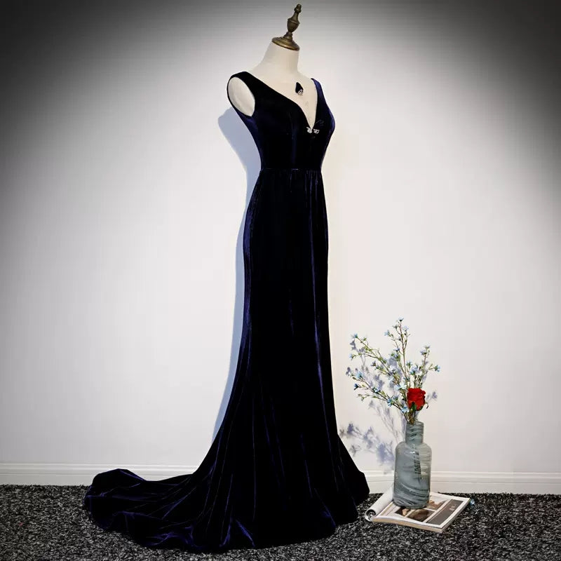 Mermaid V neckline Sleeveless Navy Blue Prom Dresses HZ1023