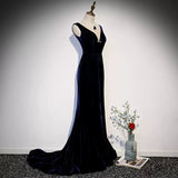 Mermaid V neckline Sleeveless Navy Blue Prom Dresses HZ1023