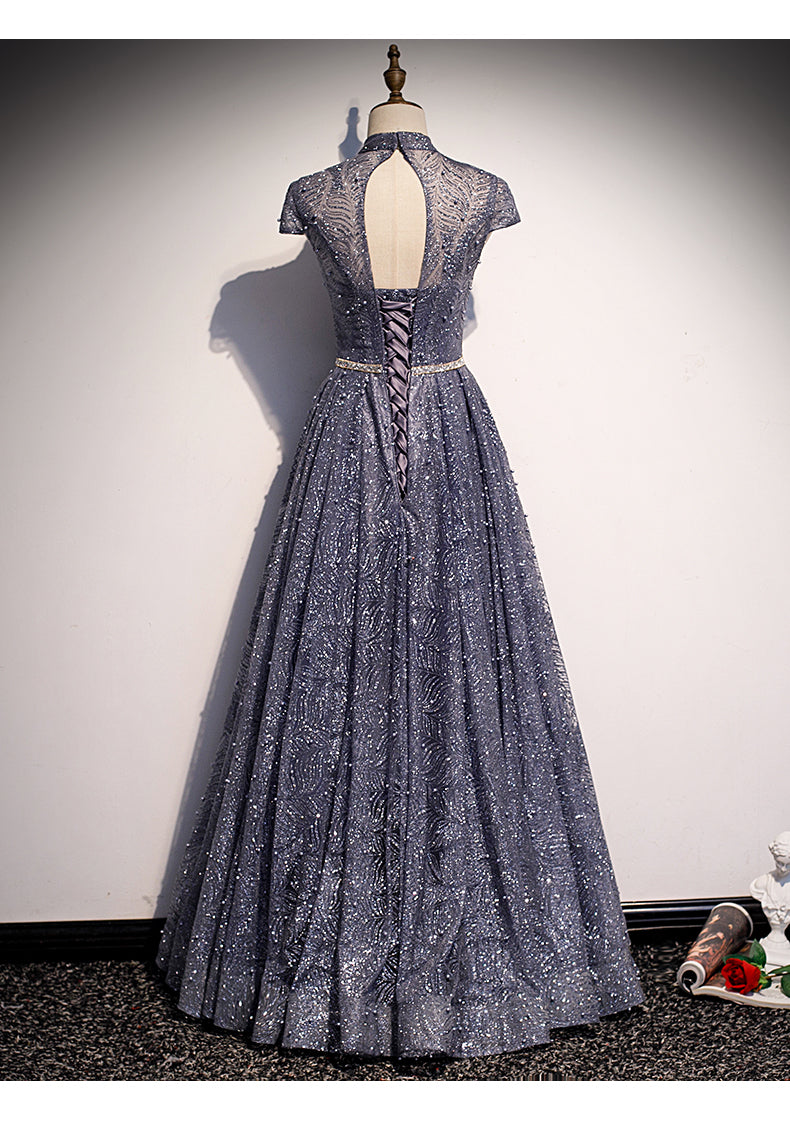 Princess High Neckline Short Sleeves Long Prom Dresses HZ1023