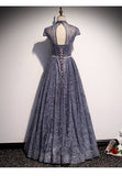 Princess High Neckline Short Sleeves Long Prom Dresses HZ1023