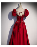 Princess Satin Short Sleeves Long Red Prom Dresses HZ1023