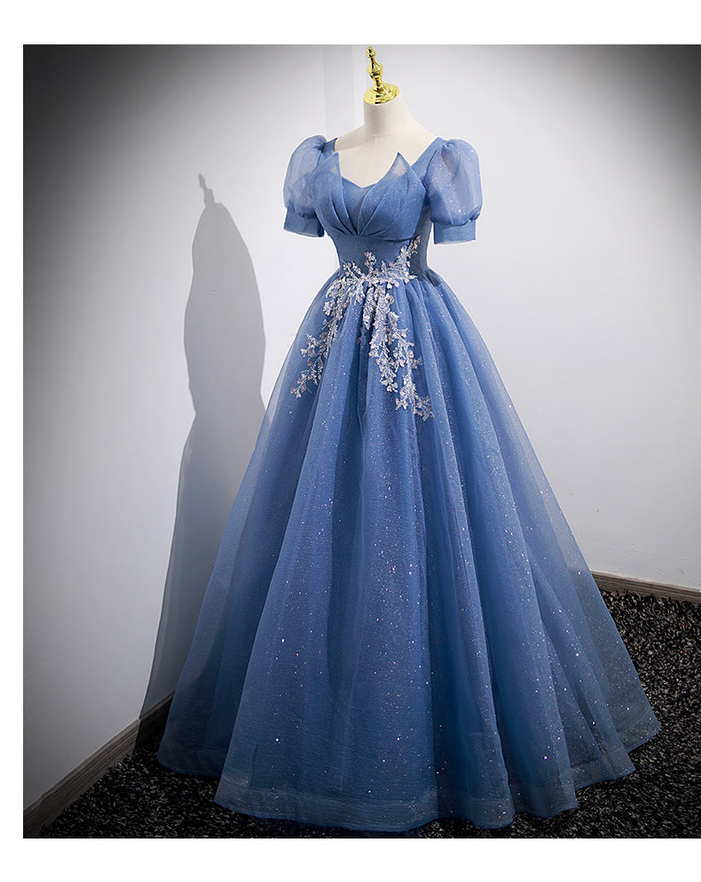 Ball Gown Short Sleeves Long Tulle Blue Prom Dresses HZ1023