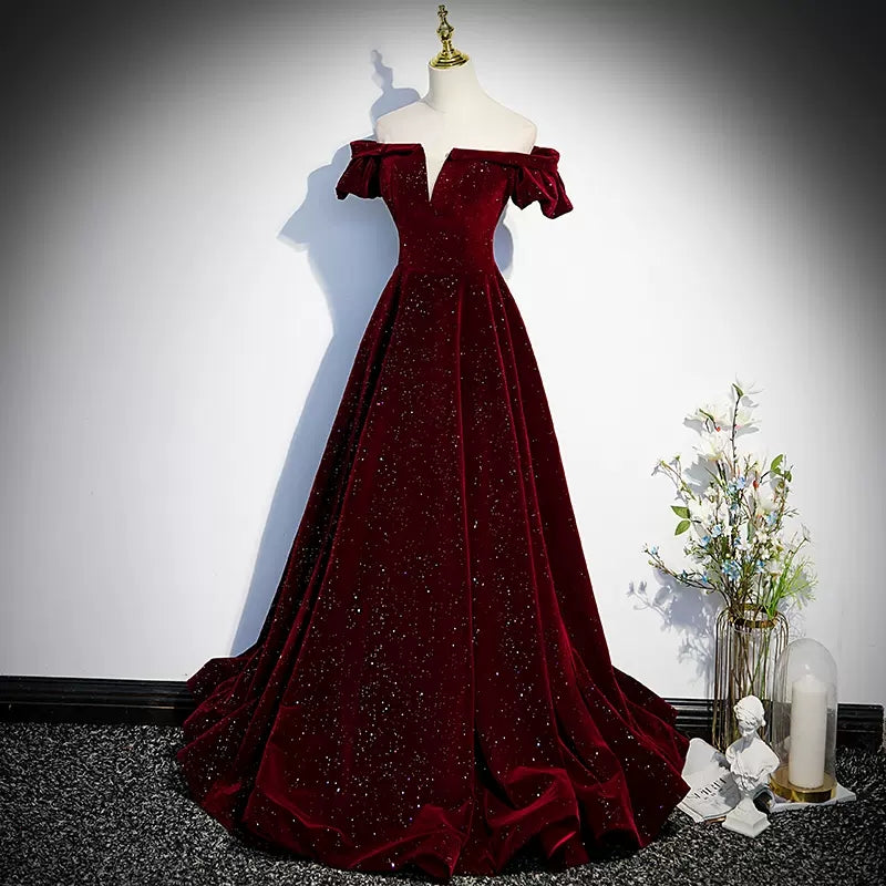 Off The Shoulder Velvet Red Prom Dresses Sexy Evening Dress HZ1023
