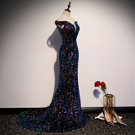 Simple Mermaid Prom Dresses Navy Blue Sequin Evening Dress HZ1023