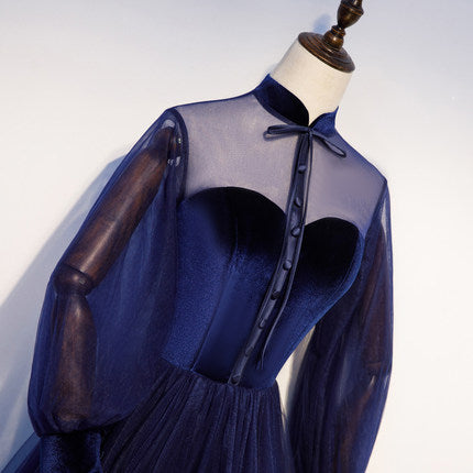 Simple A line Prom Dresses Long Sleeves Blue Tulle Evening Dress HZ1023