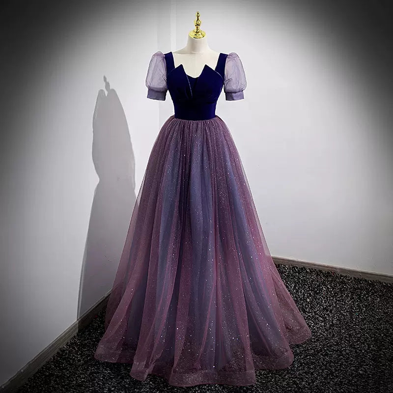 Simple Grape Tulle Prom Dresses Sexy Evening Dress HZ1023