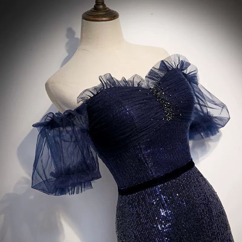 Mermaid Navy Blue Sequin Prom Dresses Sexy Evening Dress HZ1023