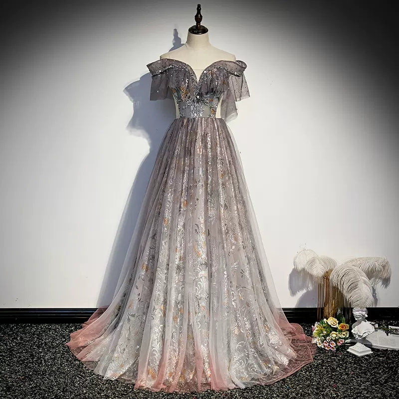 Off The Shoulder Sequin Lace Prom Dresses Sexy Prom Dress HZ1023