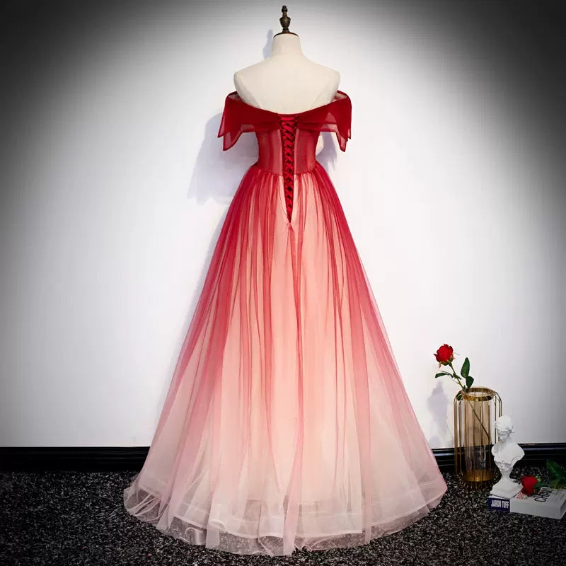 A line Off The Shoulder Tulle Red Prom Dresses Sexy Evening Dress HZ1023