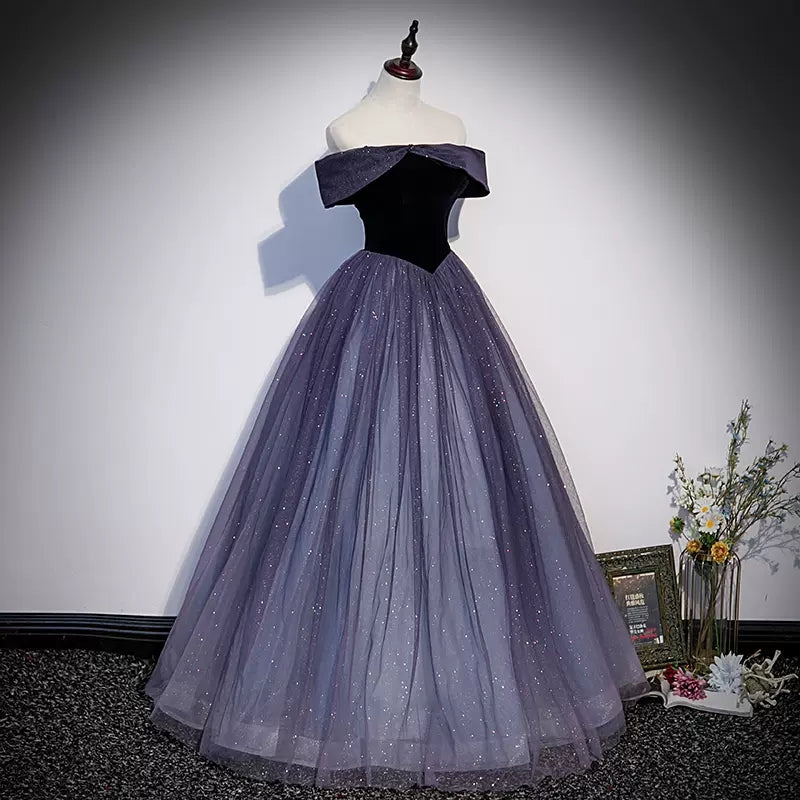 Princess Off The Shoulder Grape Tulle Prom Dresses Sexy Evening Dress HZ1023