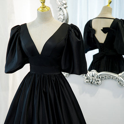 A line Short Sleeves V neckline Long Black Prom Dresses HZ1023