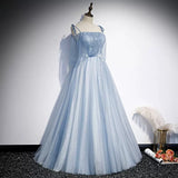 A line Light Sky Blue Tulle Prom Dresses HZ1023