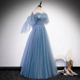 Cute A Line Short Sleeves Dusty Blue Prom Dresses Sexy Evening Dress HZ1023