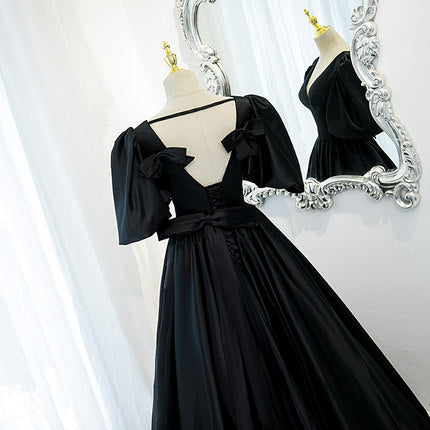 A line Short Sleeves V neckline Long Black Prom Dresses HZ1023