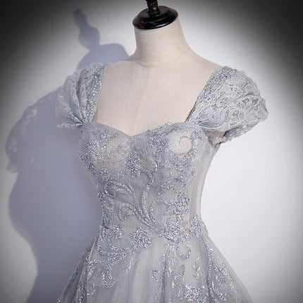 A Line Silver Gray Tulle Prom Dresses Long Prom Dress HZ1023