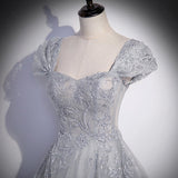 A Line Silver Gray Tulle Prom Dresses Long Prom Dress HZ1023