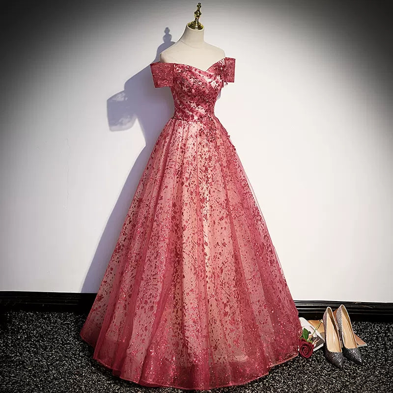 A line Off the Shoulder Red Tulle Prom Dresses HZ1023