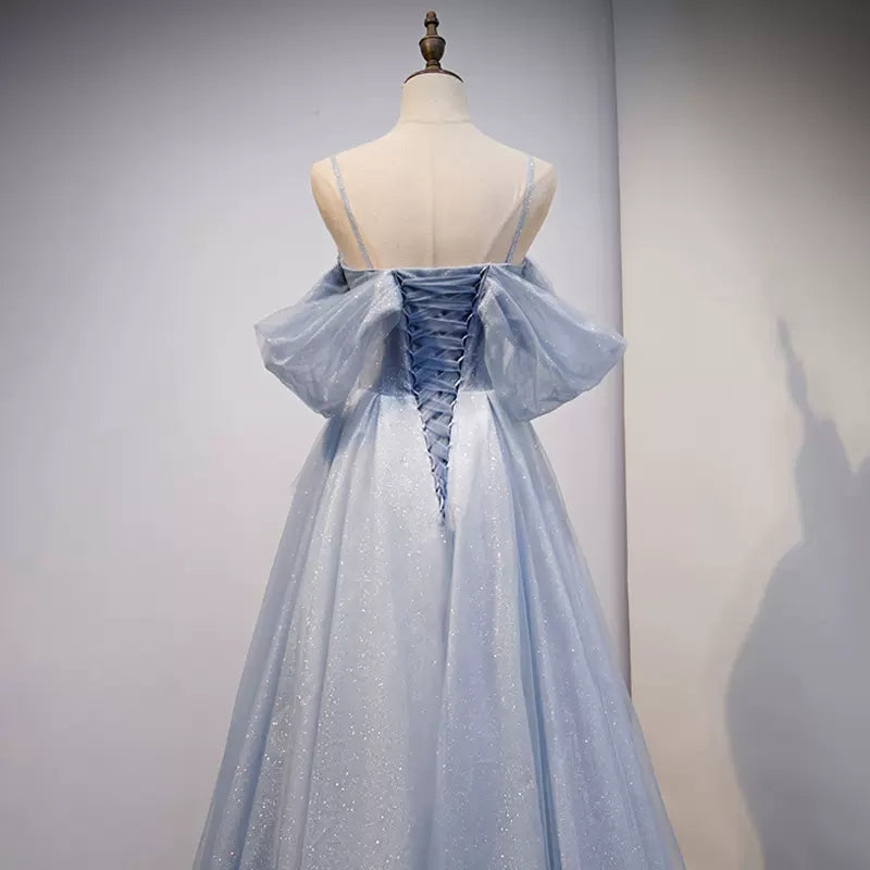 Cute A Line Off the Shoulder Dusty Blue Prom Dresses Sexy Evening Dress HZ1023