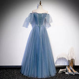 Cute A Line Short Sleeves Dusty Blue Prom Dresses Sexy Evening Dress HZ1023