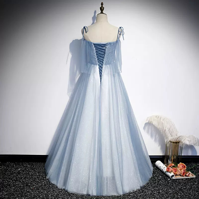 A line Light Sky Blue Tulle Prom Dresses HZ1023