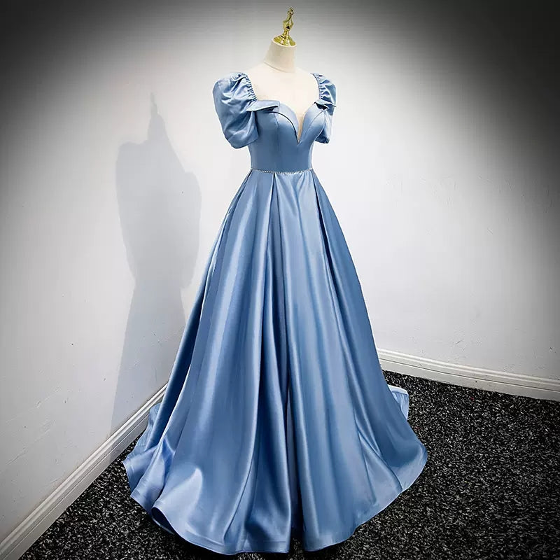 Simple A line Satin Light Sky Blue Long Prom Dresses HZ1023