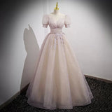 Ball Gown Short Sleeves Long Tulle Pink Prom Dresses HZ1023