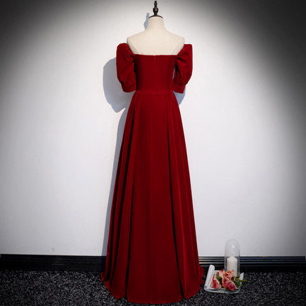 Simple A line Red Velvet Long Prom Dresses HZ1023