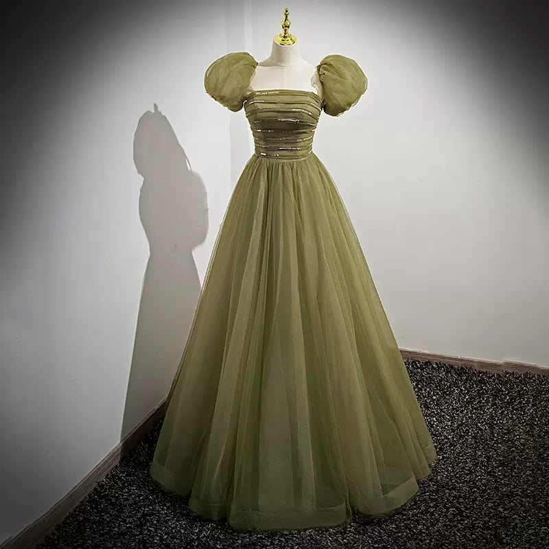 Ball Gown Short Sleeves Long Tulle Sage Green Prom Dresses HZ1023