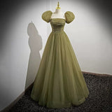 Ball Gown Short Sleeves Long Tulle Sage Green Prom Dresses HZ1023