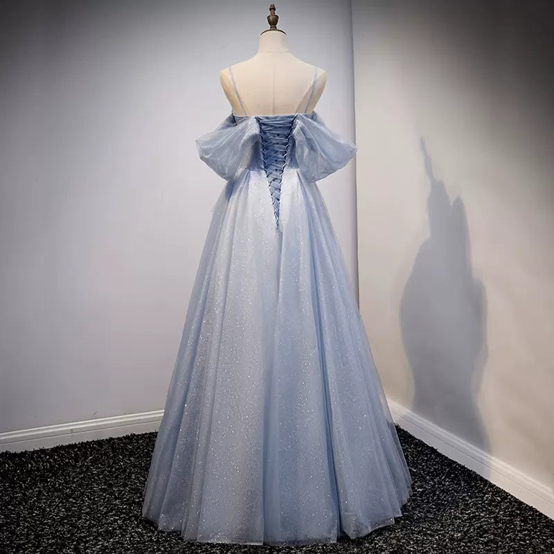 Cute A Line Off the Shoulder Dusty Blue Prom Dresses Sexy Evening Dress HZ1023