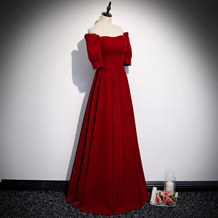 Simple A line Red Velvet Long Prom Dresses HZ1023