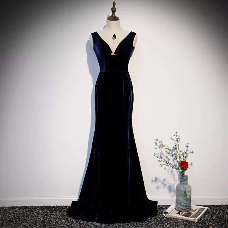 Mermaid V neckline Sleeveless Navy Blue Prom Dresses HZ1023