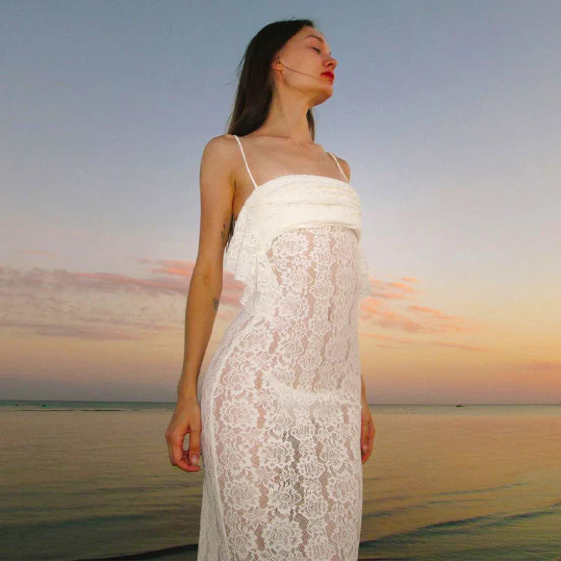 White Mermaid Spaghetti Straps Lace Long Prom Dress Evening Dress HZ1023