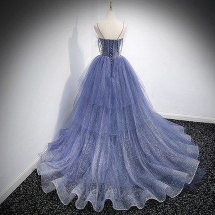 A Line Tulle Prom Dresses Straps Blue Evening Dress HZ1023
