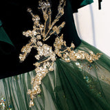 A line Spaghetti Straps Green Sequin Lace Prom Dresses HZ1023