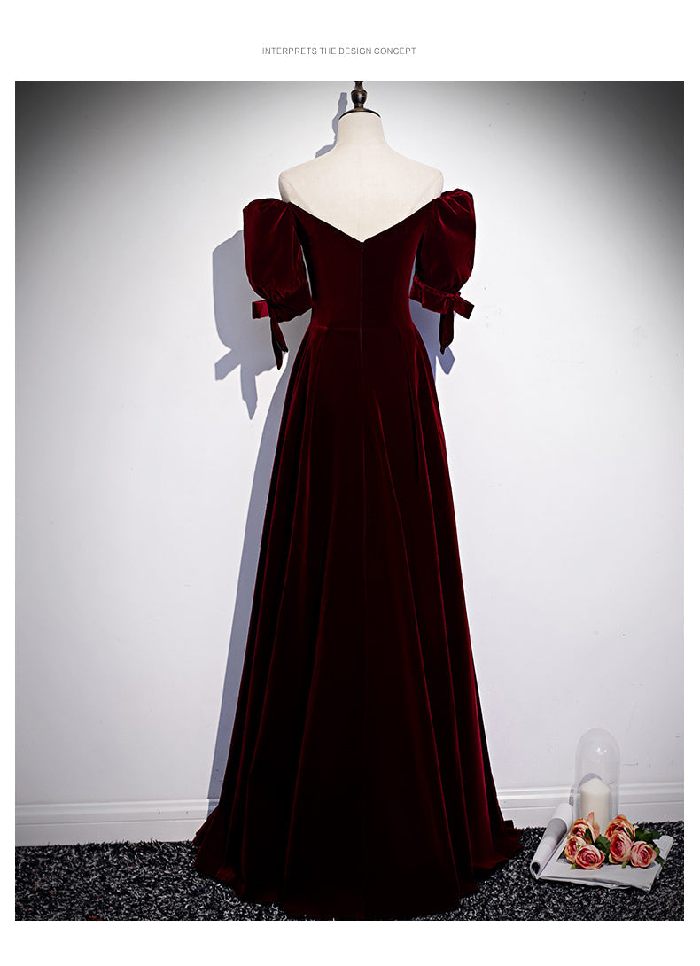 Princess Velvet Short Sleeves Long Red Prom Dresses HZ1023