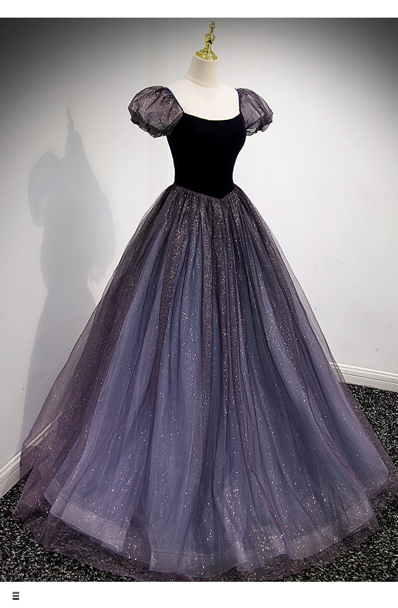 Princess Tulle Short Sleeves Long Prom Dresses HZ1023