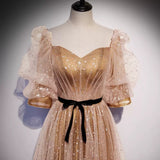 A line Short Sleeves Gold Prom Dresses Sexy Evening Dress HZ1023